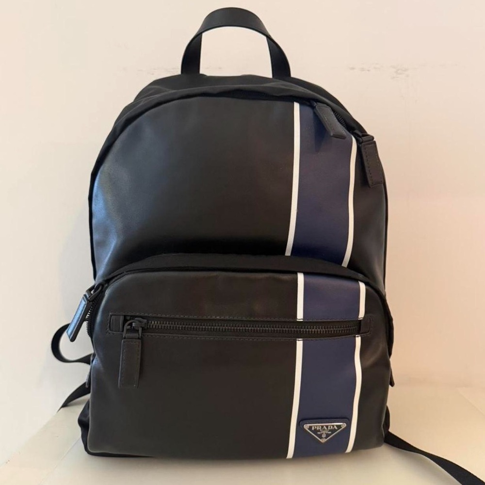 Prada Men's Backpack in Black with Blue Stripes